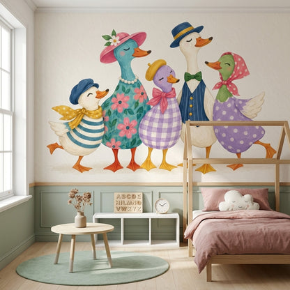 Whimsical Ducks Wallpaper Watercolor Garden Wall Mural