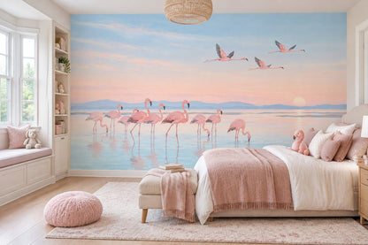 Flying Flamingos Wallpaper Pastel Sunset Lagoon Wall Mural