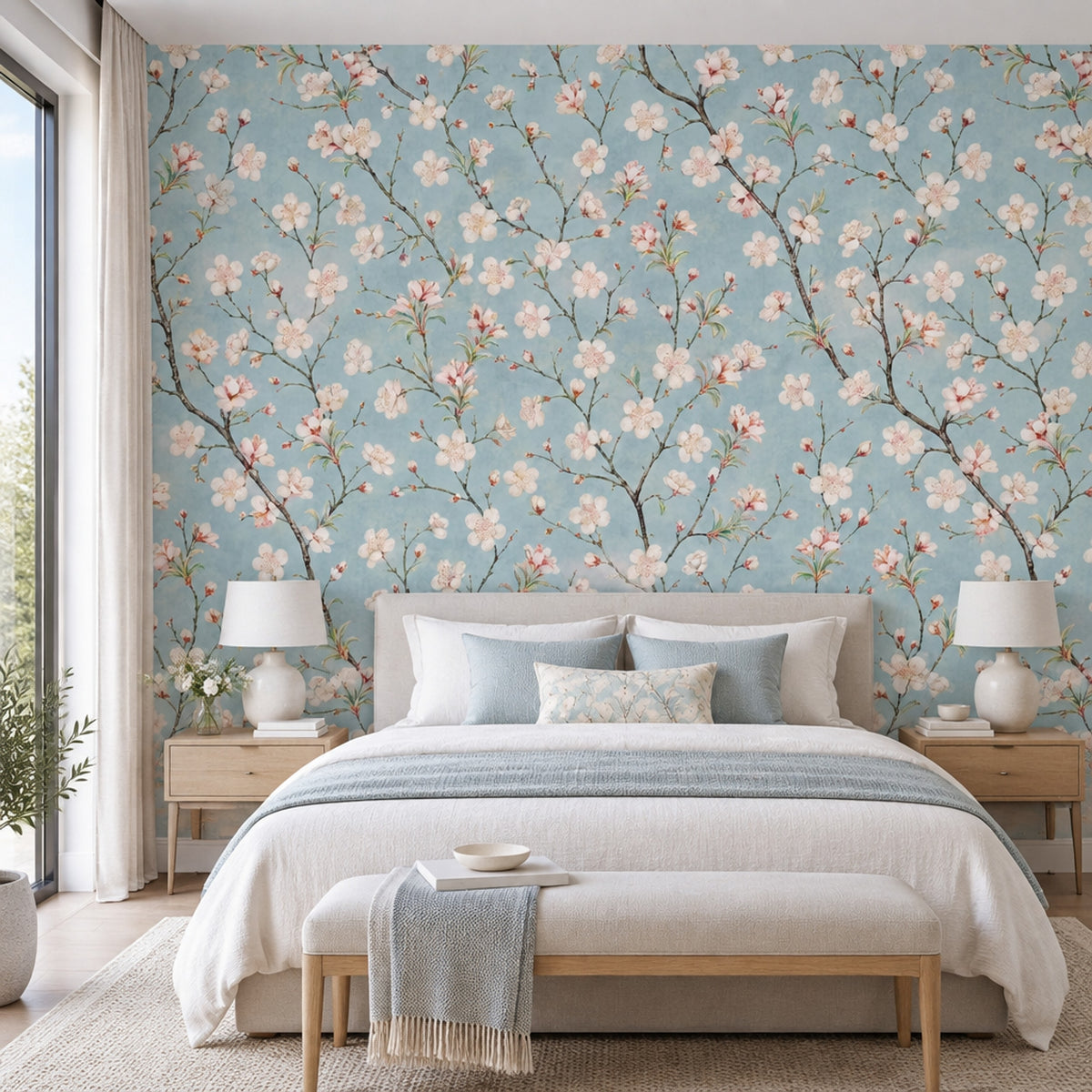 Cherry Blossom Branches Wallpaper Chinoiserie Blue Wall Mural