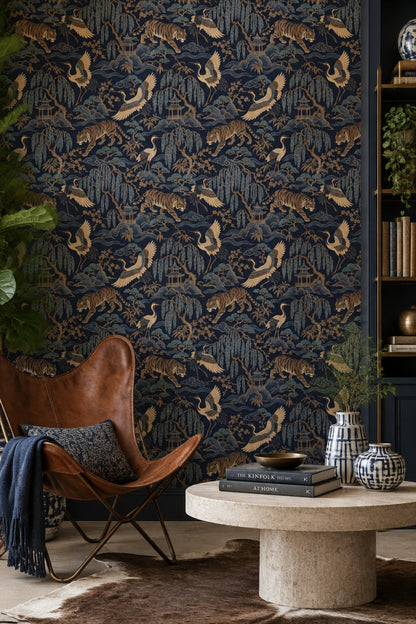 Tiger And Crane Wallpaper Dark Chinoiserie Scenic Pattern