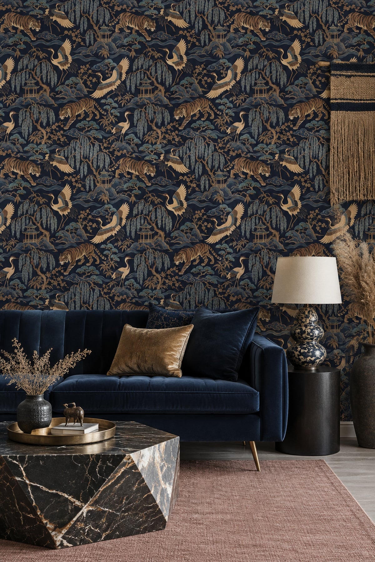 Tiger And Crane Wallpaper Dark Chinoiserie Scenic Pattern