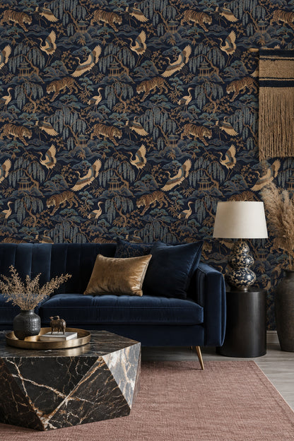 Tiger And Crane Wallpaper Dark Chinoiserie Scenic Pattern