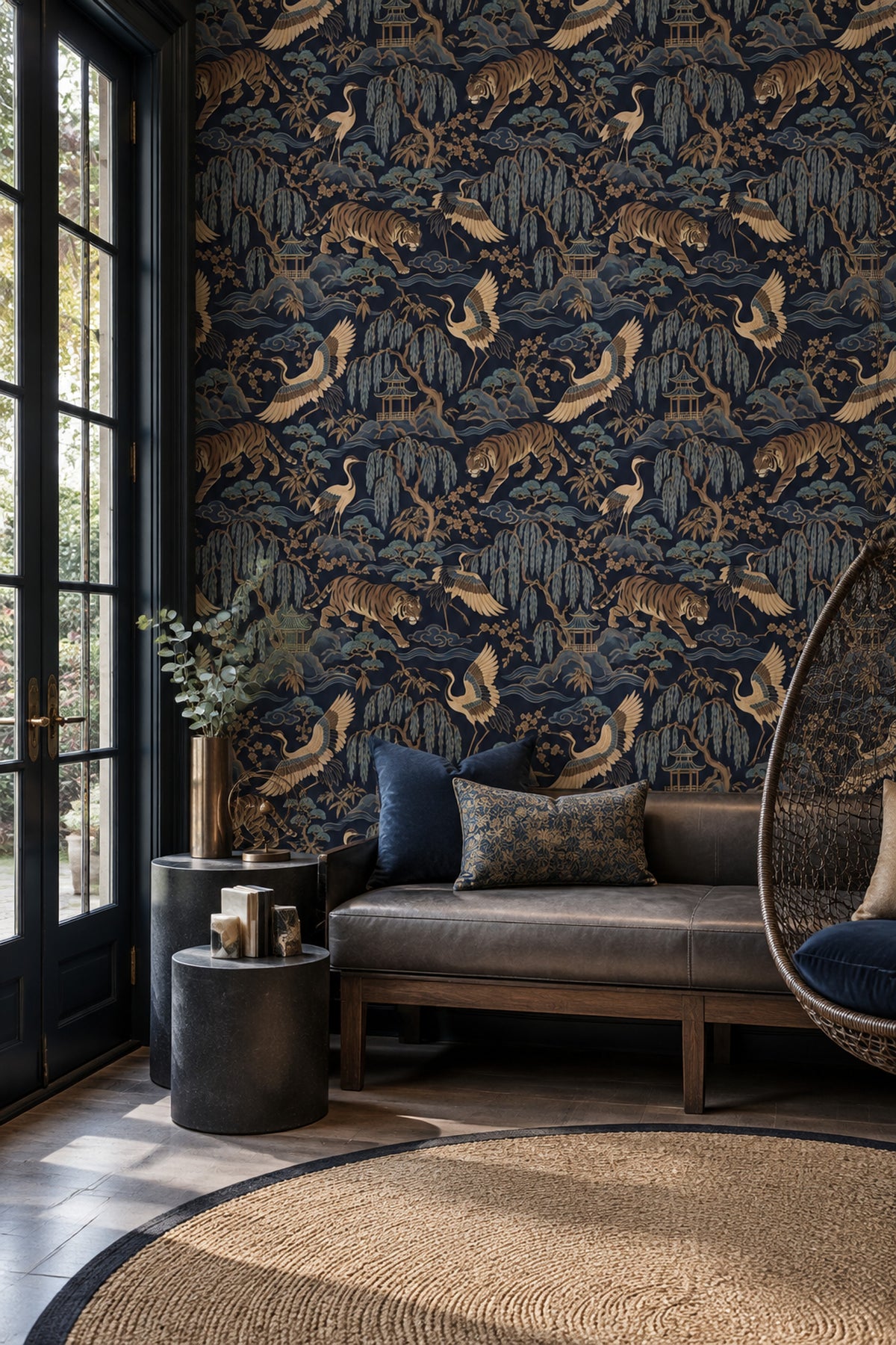 Tiger And Crane Wallpaper Dark Chinoiserie Scenic Pattern