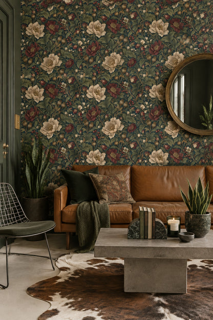 Botanical Floral Wallpaper Dark Teal Vintage Pattern