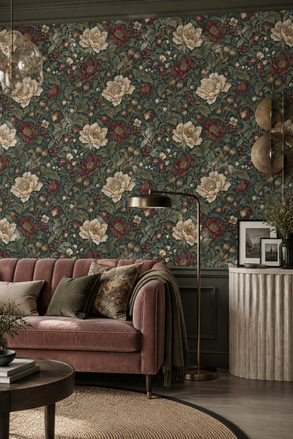 Botanical Floral Wallpaper Dark Teal Vintage Pattern