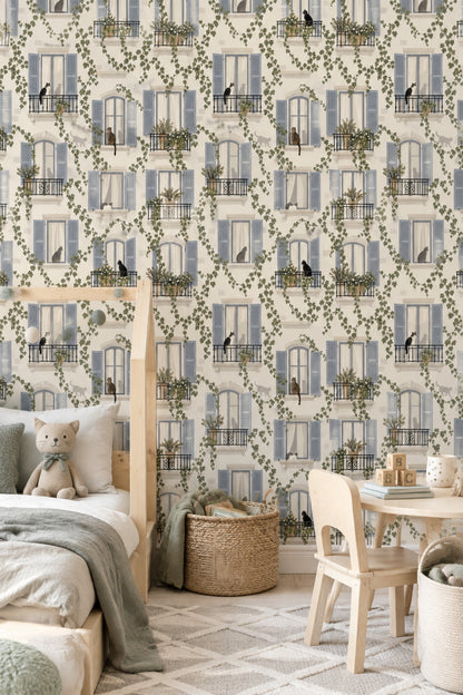 Paris Apartment Windows Wallpaper Cats And Ivy Pattern