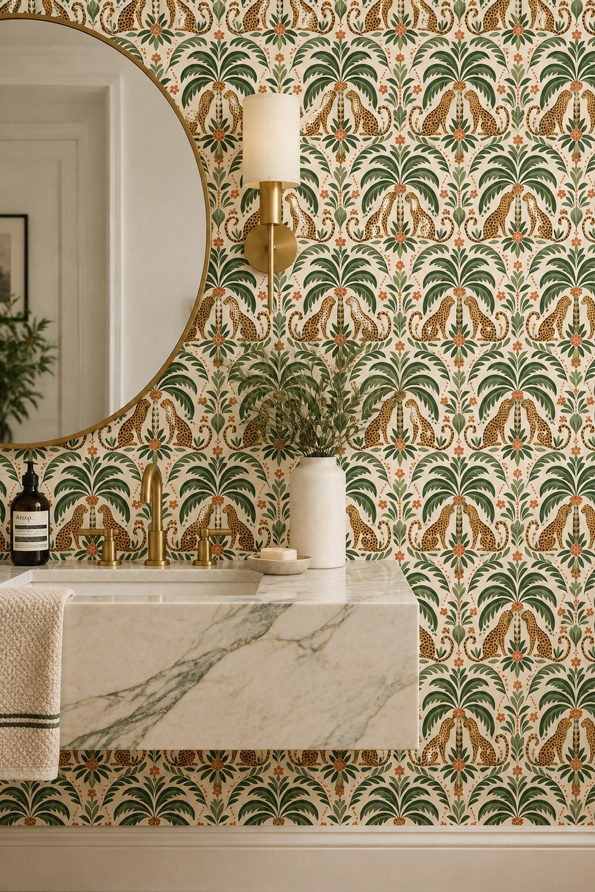Leopard Wallpaper Tropical Palm Leaves On Cream Background