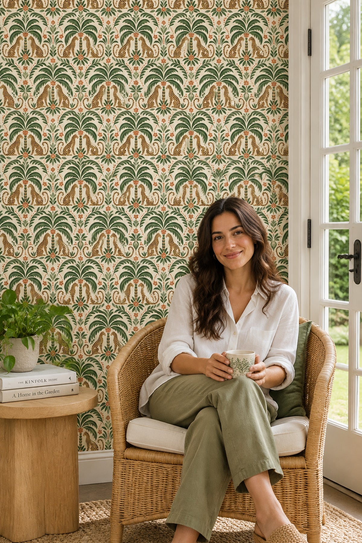 Leopard Wallpaper Tropical Palm Leaves On Cream Background