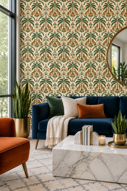 Leopard Wallpaper Tropical Palm Leaves On Cream Background