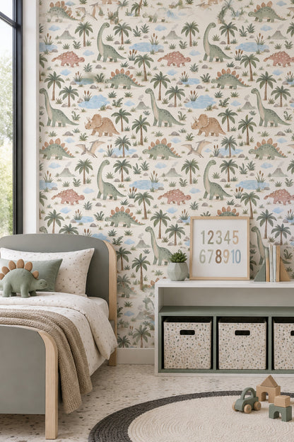 Watercolor Dinosaur Landscape Wallpaper Pastel Cream And Sage Green