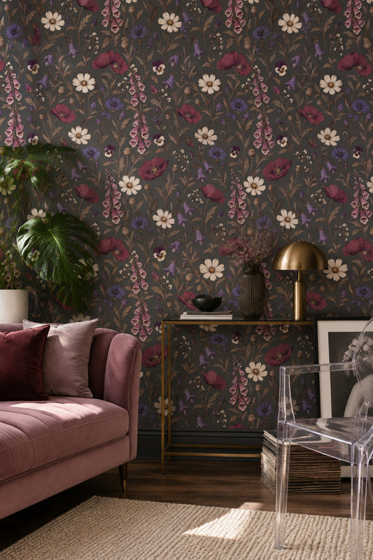 Wildflower Wallpaper Dark Floral Vintage Botanical On Charcoal Gray