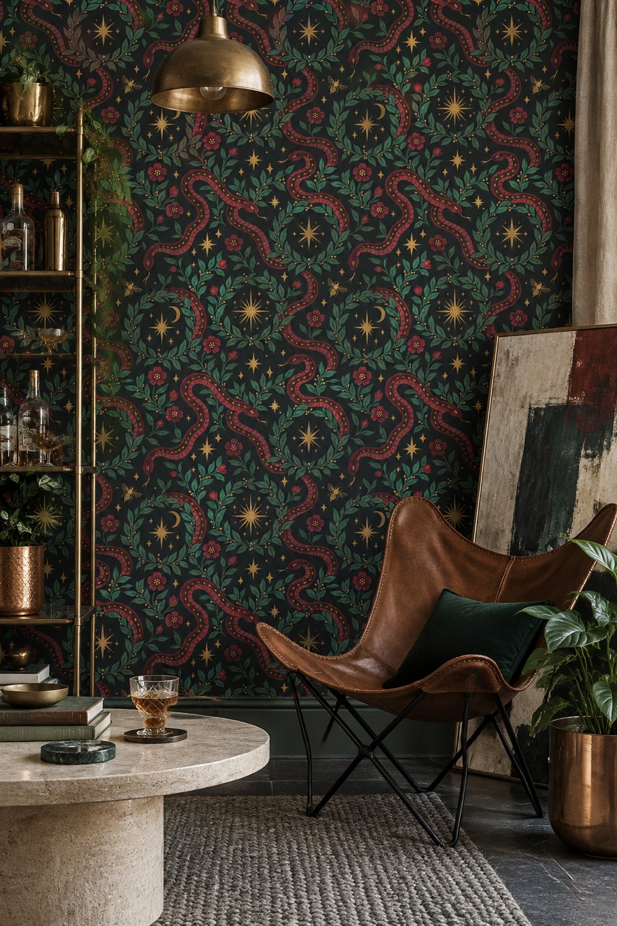 Serpent Floral Wallpaper Dark Botanical Celestial Pattern