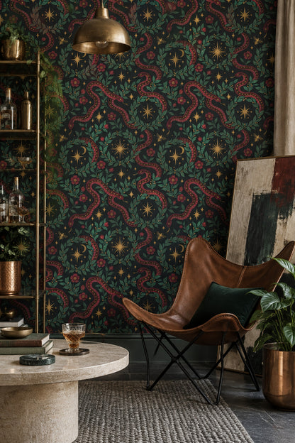 Serpent Floral Wallpaper Dark Botanical Celestial Pattern