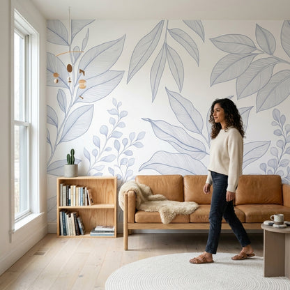 Minimalist Leaf Branches Wallpaper White Background Wall Mural