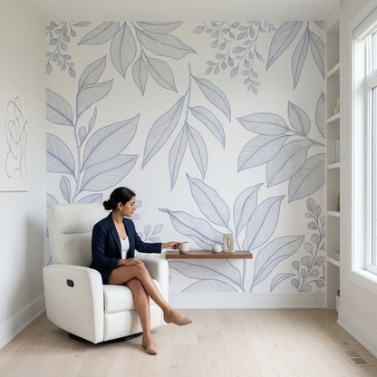 Minimalist Leaf Branches Wallpaper White Background Wall Mural