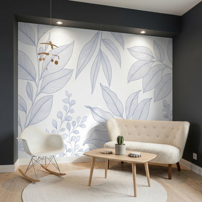 Minimalist Leaf Branches Wallpaper White Background Wall Mural