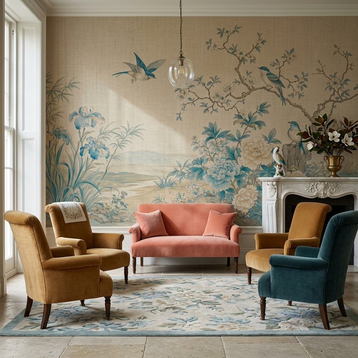Chinoiserie Birds And Blue Blossoms Wallpaper Beige Landscape Wall Mural