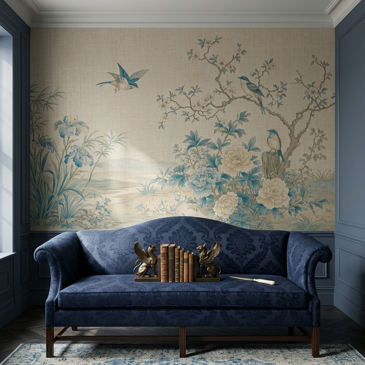 Chinoiserie Birds And Blue Blossoms Wallpaper Beige Landscape Wall Mural