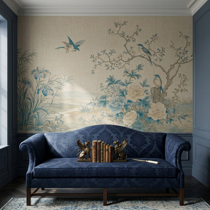 Chinoiserie Birds And Blue Blossoms Wallpaper Beige Landscape Wall Mural