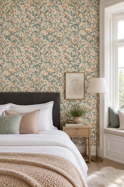 Serpent Botanical Wallpaper Sage Green Vintage Celestial Pattern