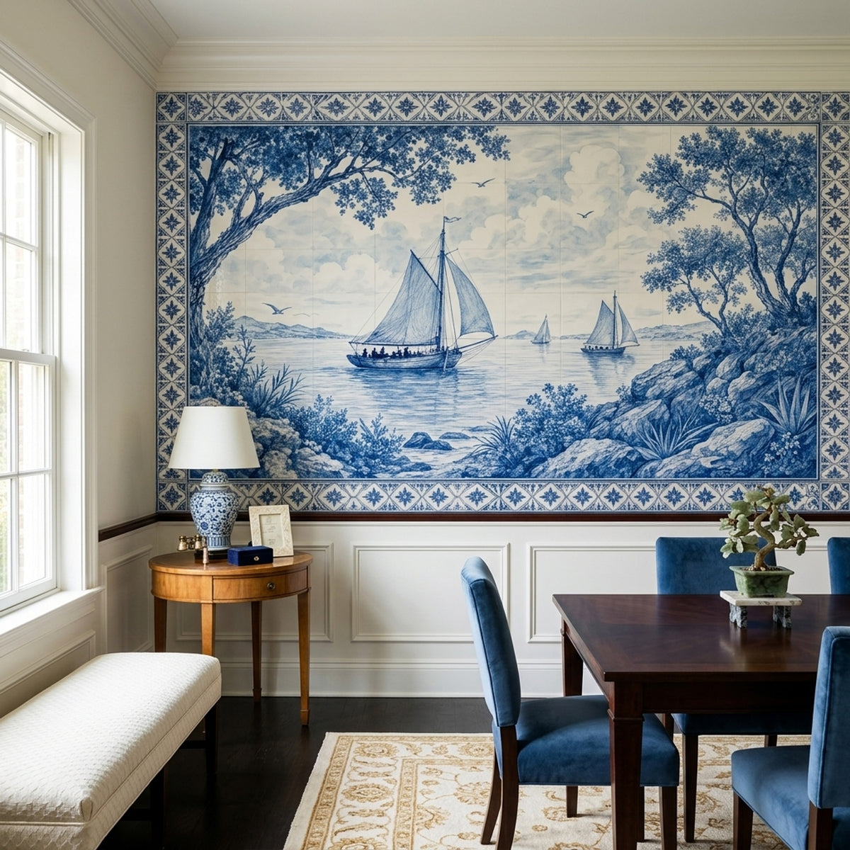 Sailboat Seascape Wallpaper Vintage Tile Border Wall Mural