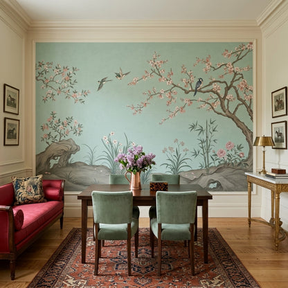 Chinoiserie Cherry Blossoms Wallpaper Bamboo Garden Wall Mural