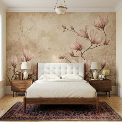 Soft Pink Magnolia Wallpaper Vintage Botanical Wall Mural