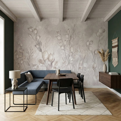Delicate Botanical Stems Wallpaper Watercolor Line Art Wall Mural