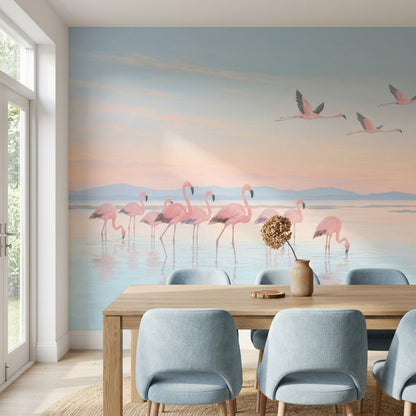 Flying Flamingos Wallpaper Pastel Sunset Lagoon Wall Mural