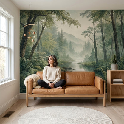 Misty Forest River Wallpaper Watercolor Landscape Wall Mural