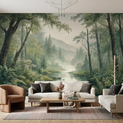 Misty Forest River Wallpaper Watercolor Landscape Wall Mural