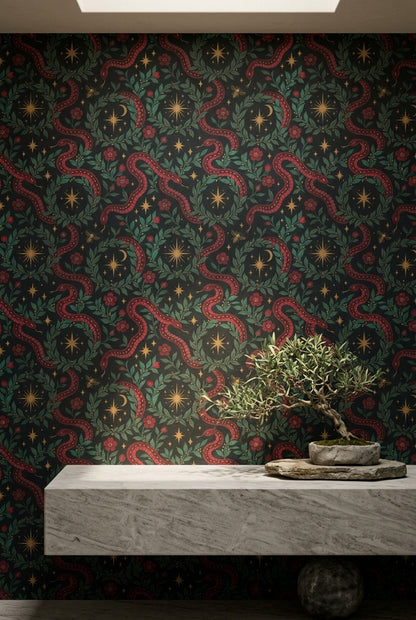 Serpent Floral Wallpaper Dark Botanical Celestial Pattern