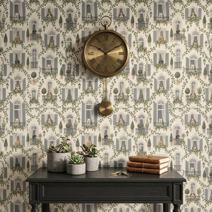 French Apartment Facade Wallpaper Arched Windows And Dogs