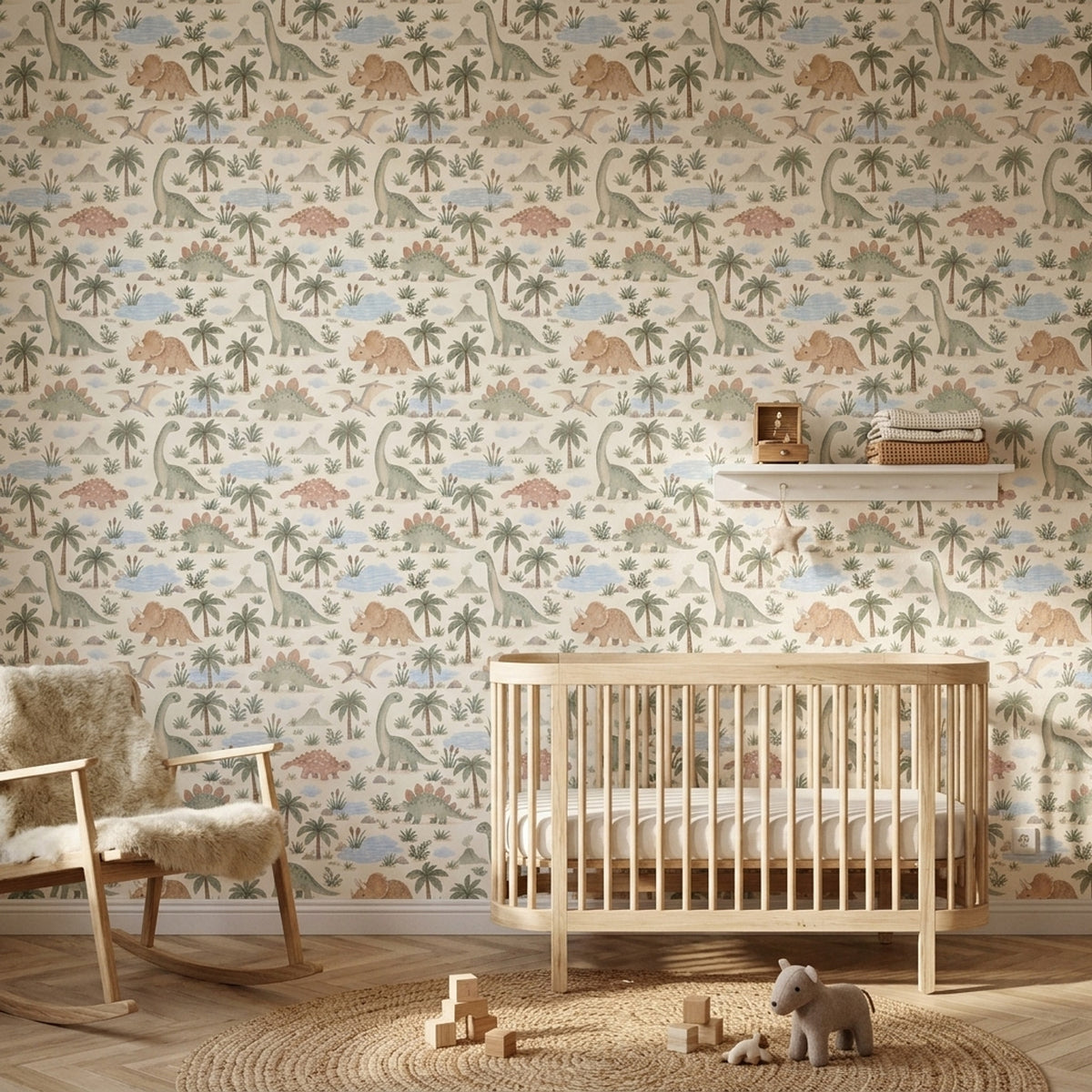 Watercolor Dinosaur Landscape Wallpaper Pastel Cream And Sage Green