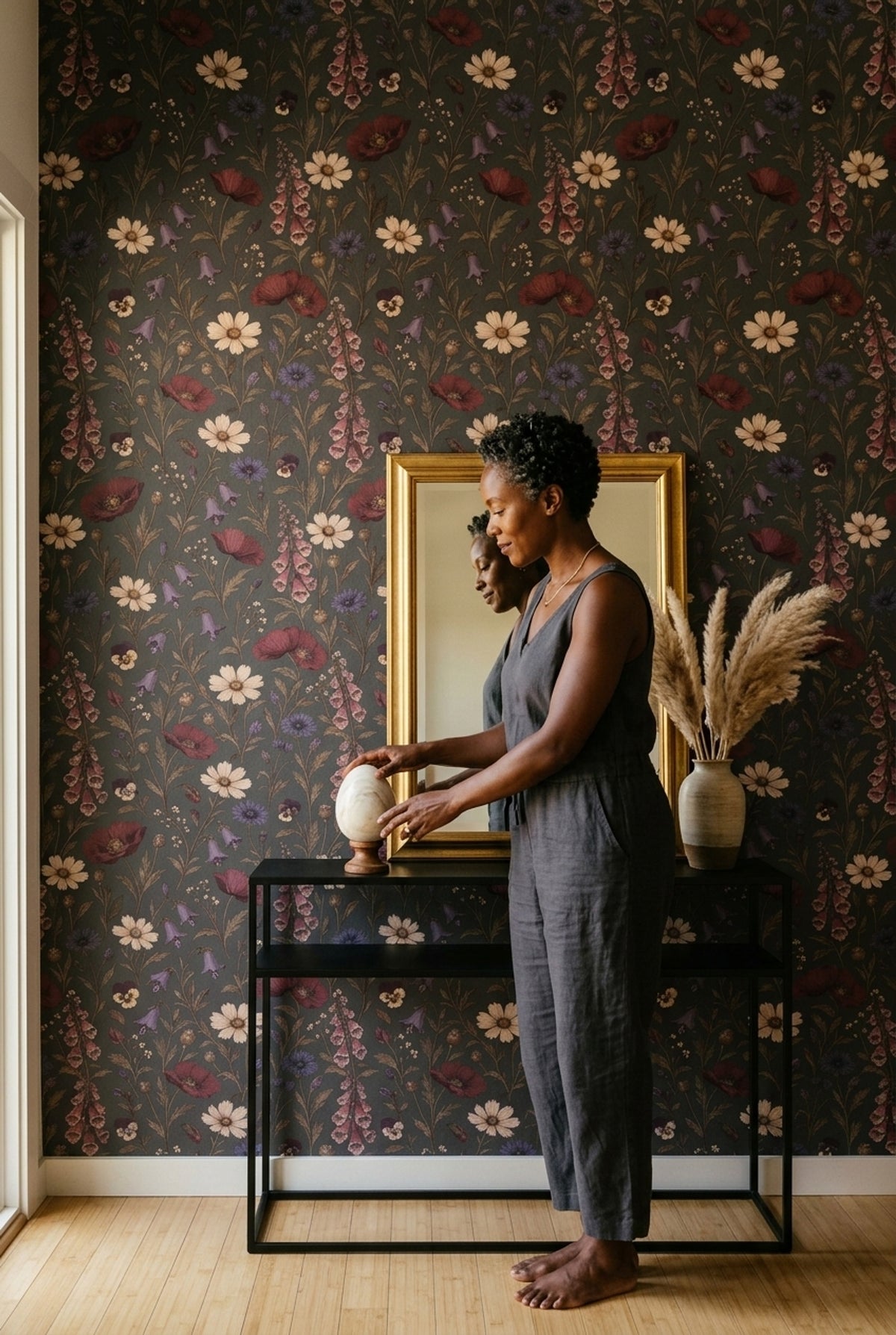 Wildflower Wallpaper Dark Floral Vintage Botanical On Charcoal Gray