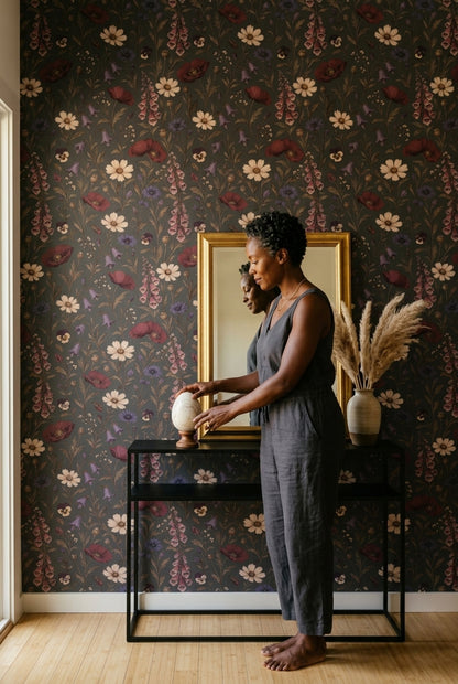 Wildflower Wallpaper Dark Floral Vintage Botanical On Charcoal Gray