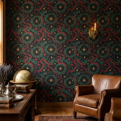 Serpent Floral Wallpaper Dark Botanical Celestial Pattern