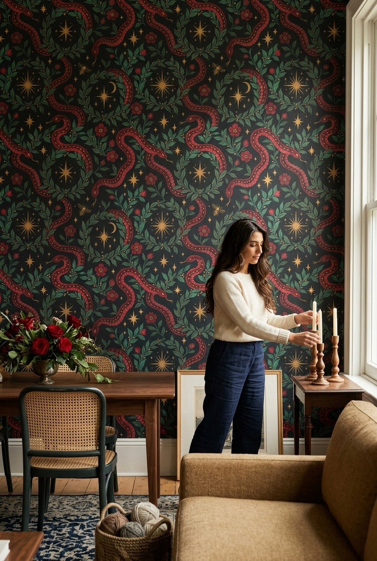 Serpent Floral Wallpaper Dark Botanical Celestial Pattern