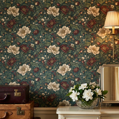 Botanical Floral Wallpaper Dark Teal Vintage Pattern