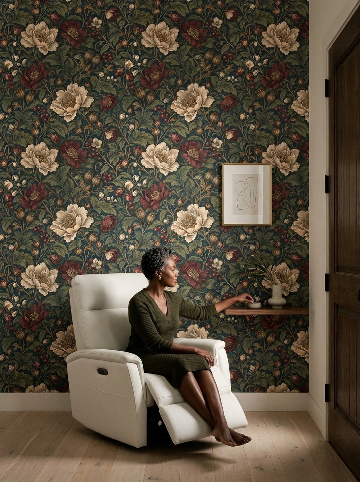 Botanical Floral Wallpaper Dark Teal Vintage Pattern