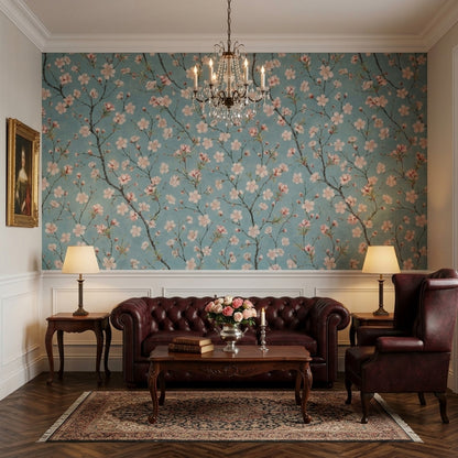 Cherry Blossom Branches Wallpaper Chinoiserie Blue Wall Mural