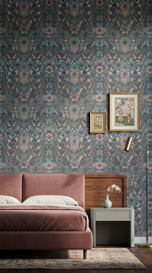 Tropical Wildlife Wallpaper Maximalist Teal Blue Botanical Pattern
