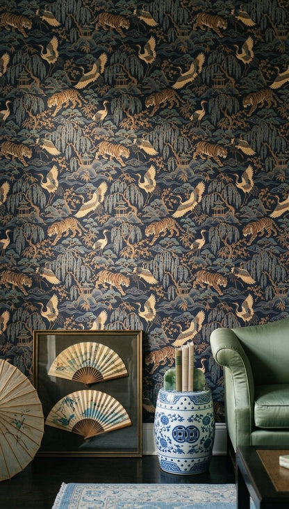 Tiger And Crane Wallpaper Dark Chinoiserie Scenic Pattern