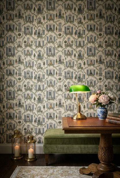 French Apartment Facade Wallpaper Arched Windows And Dogs