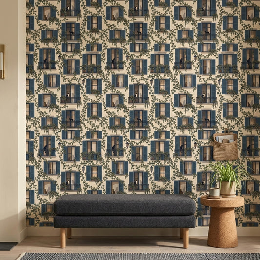 European Facade Wallpaper Blue Shutters Cream Background