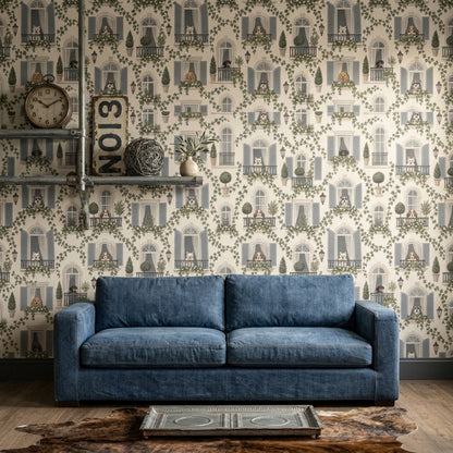 French Apartment Facade Wallpaper Arched Windows And Dogs