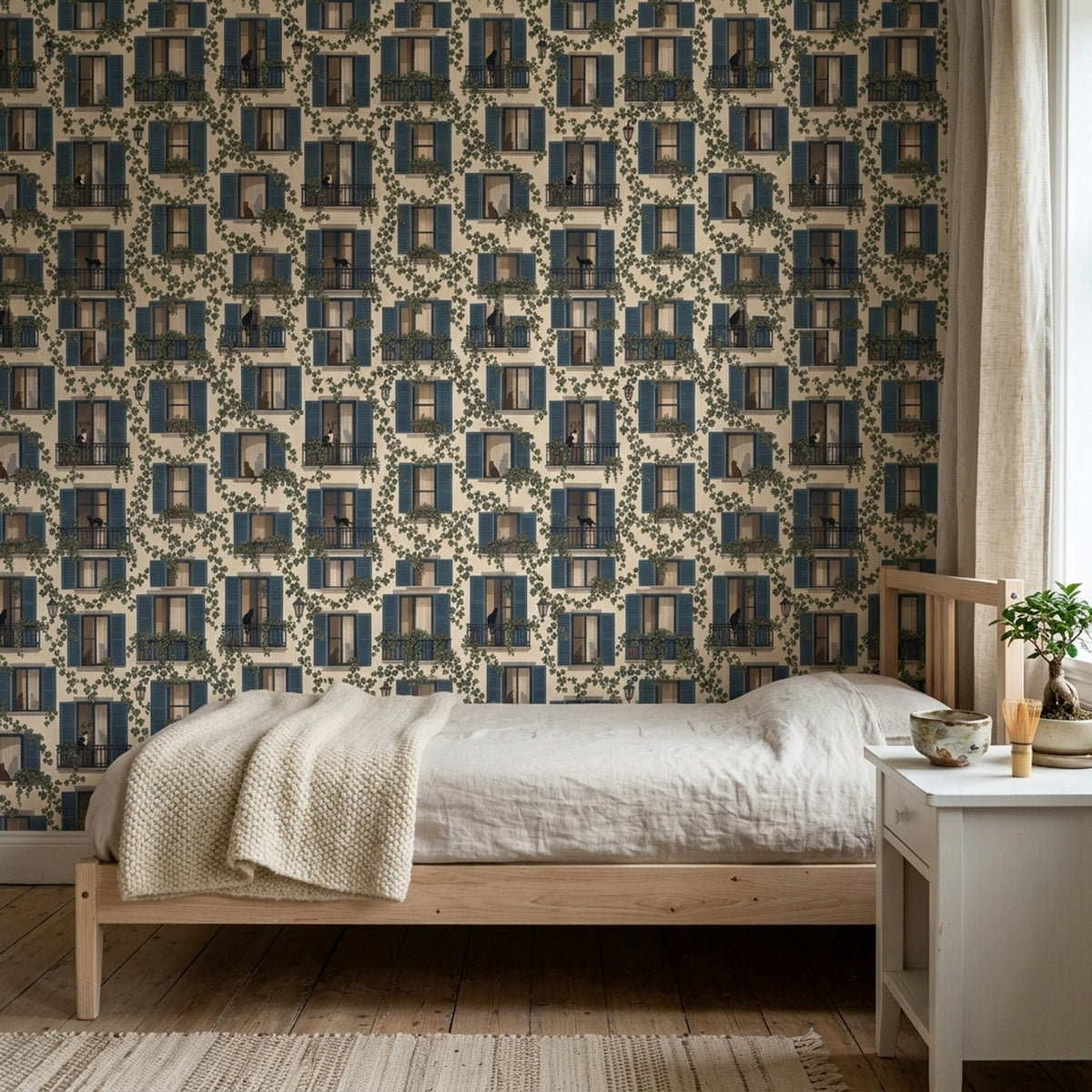European Facade Wallpaper Blue Shutters Cream Background