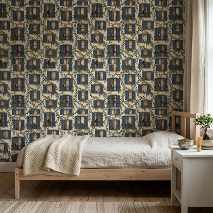 European Facade Wallpaper Blue Shutters Cream Background