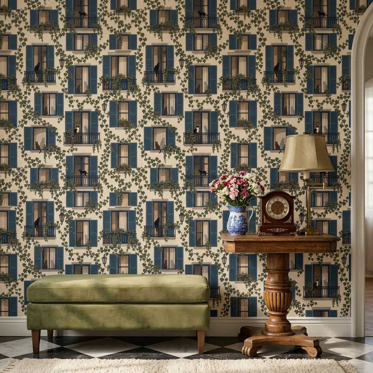 European Facade Wallpaper Blue Shutters Cream Background