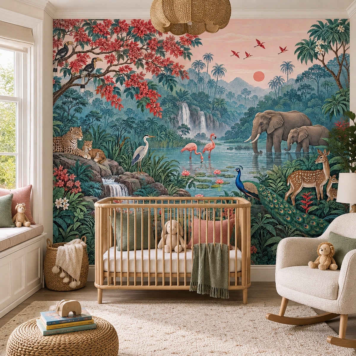 Tropical Jungle Wildlife Wallpaper Pink Sky Waterfall Wall Mural